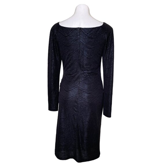 David Meister Black Textured Long-Sleeve Ruched Dress W/ Beaded Shoulders Size 8 - Picture 5 of 8